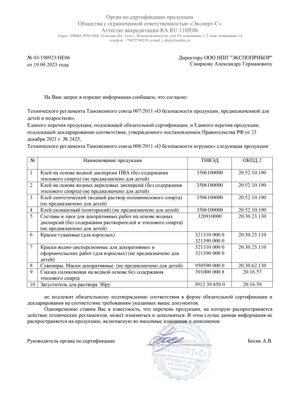 Сертификаты ООО НПП «Экспоприбор»